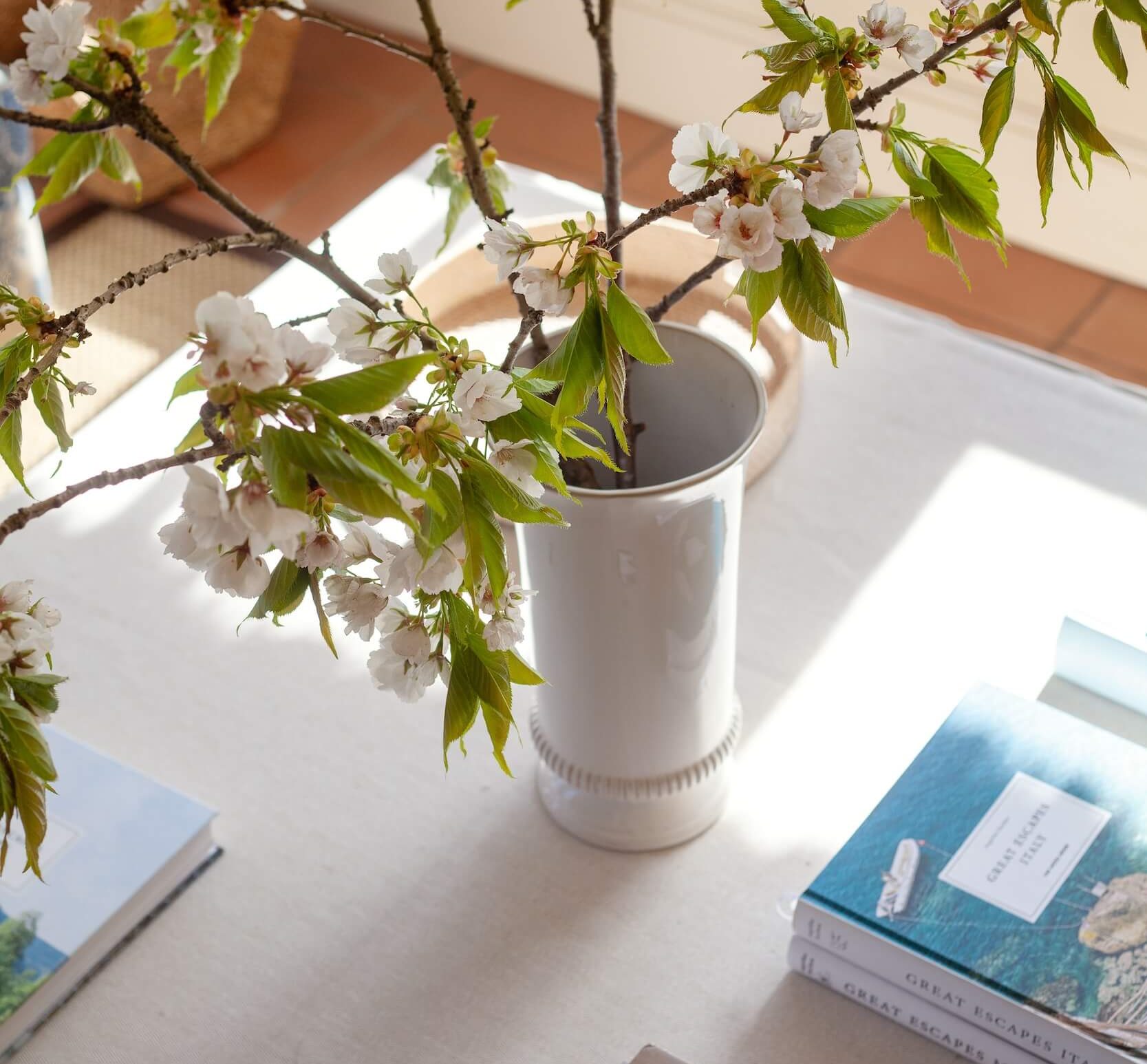 image showing a white coffee table with a book and a vase of flowers, sunlight streams through the window casting shadows on the table